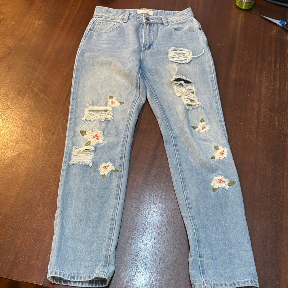 Chelsea & Violet Light Blue Distressed Jeans with Floral Accents